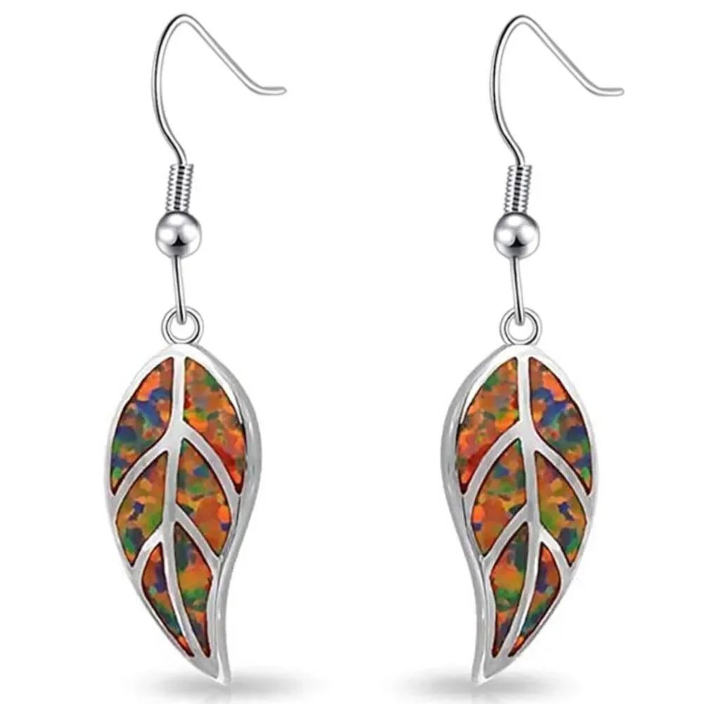 14K White Gold with Genuine Orange Fire Opal Leaf Shape Dangling Hook Earrings